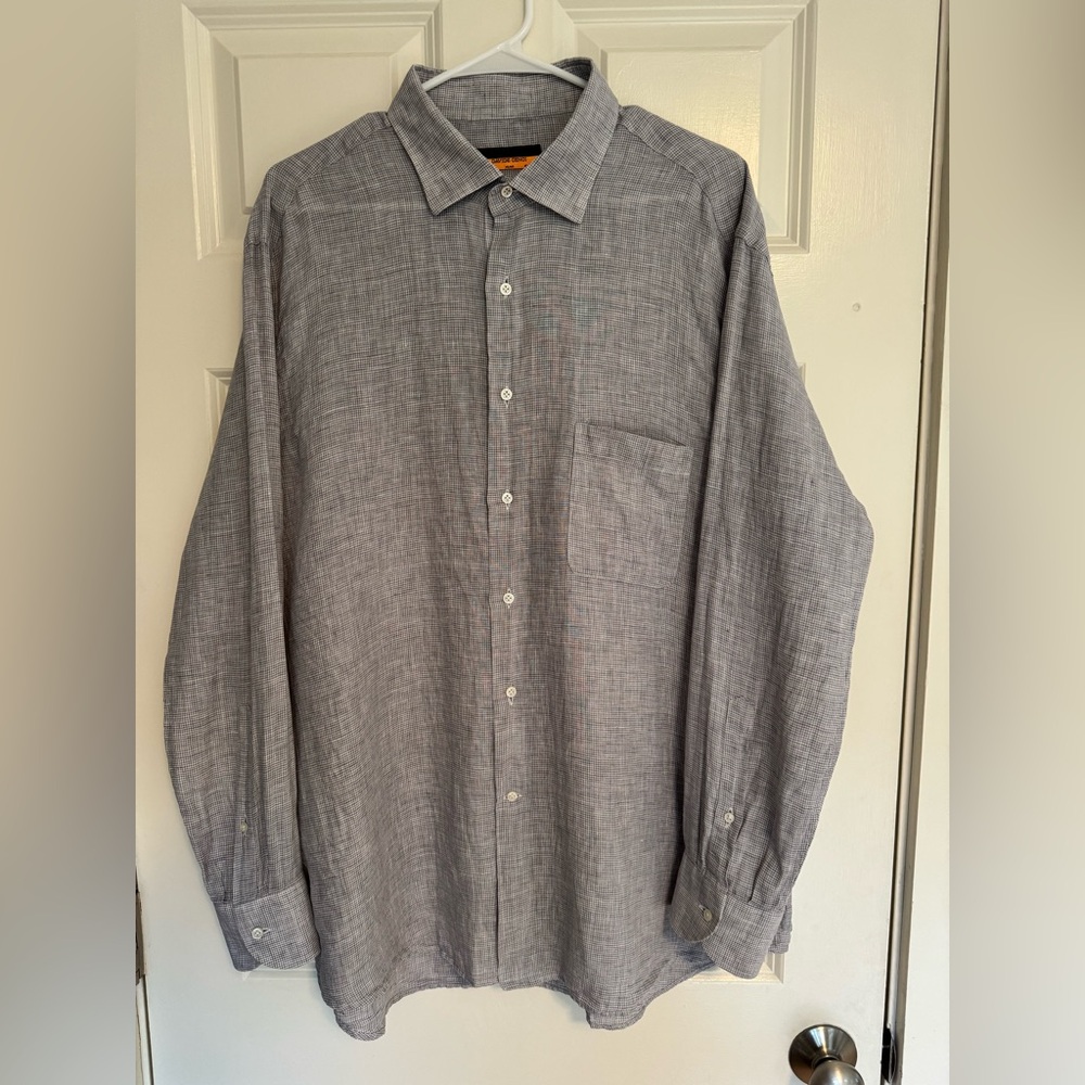 Davide Cenci grey 100% linen long sleeve button down shirt men 45‎ or XL